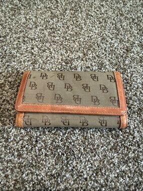 Dooney & Bourke Brown Logo Canvas Wallet with Tan Leather Trim